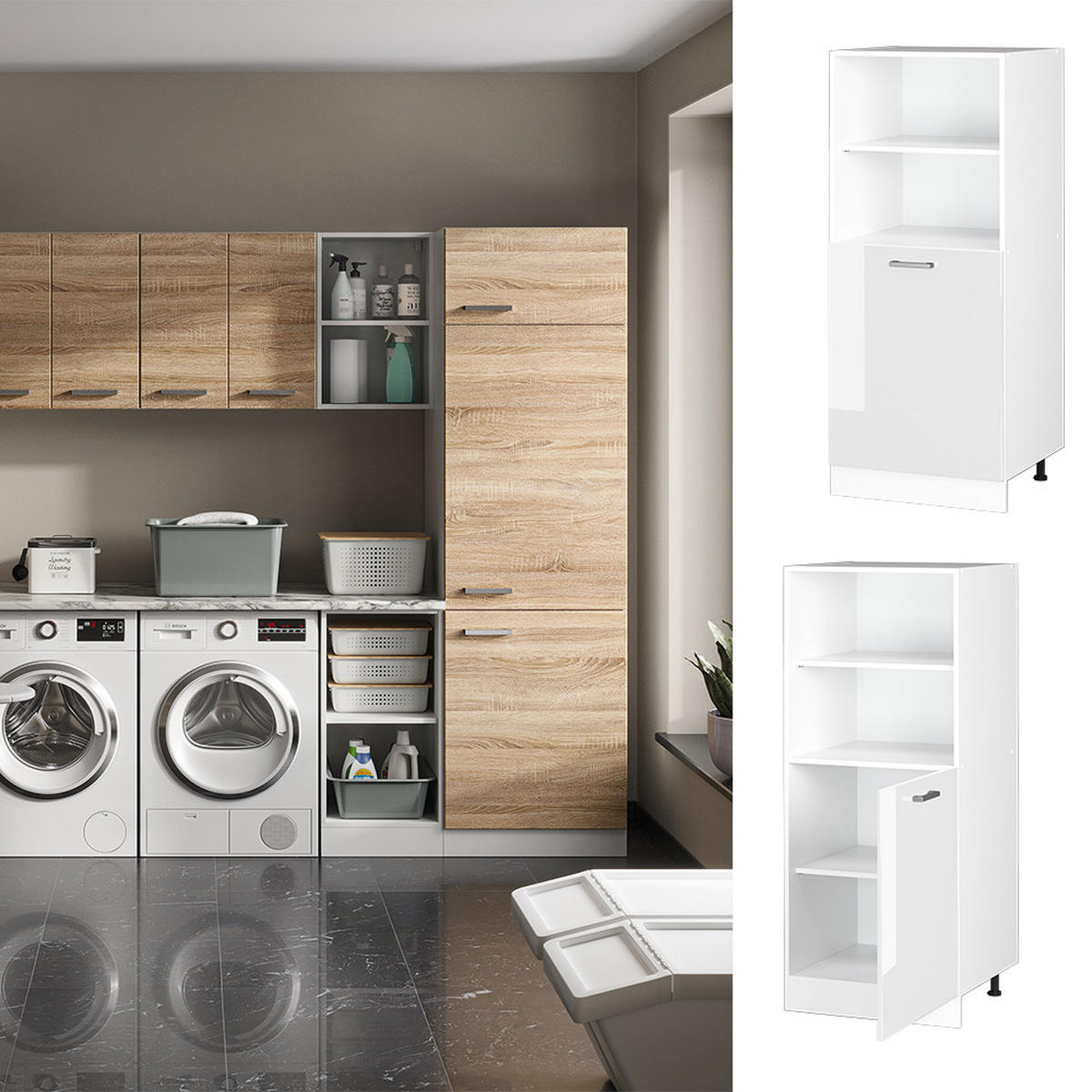 HOCHSCHRANK R-Line Weiß Hochglanz 60 cm mit offenen Regalen, und Tür - Weiß Hochglanz/Weiß, Holzwerkstoff (60/143/57.2cm) - Vicco