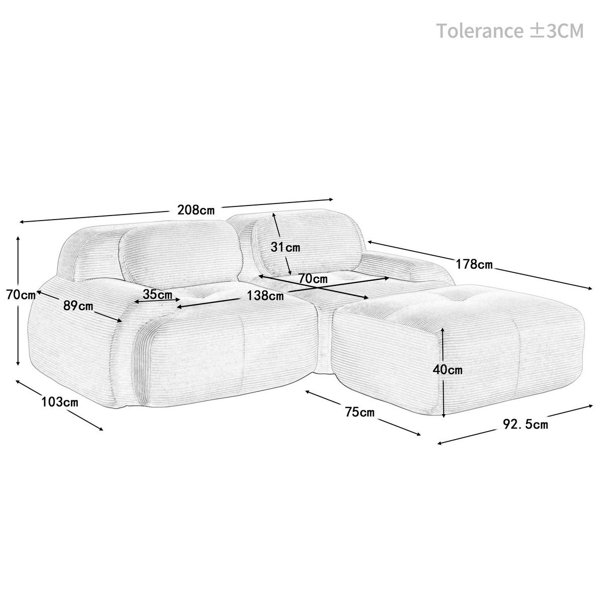ECKSOFA 208/178/75 cm grün aus Cordstoff modular und montagelos - Grün, Textil (178/208cm) - OKWISH