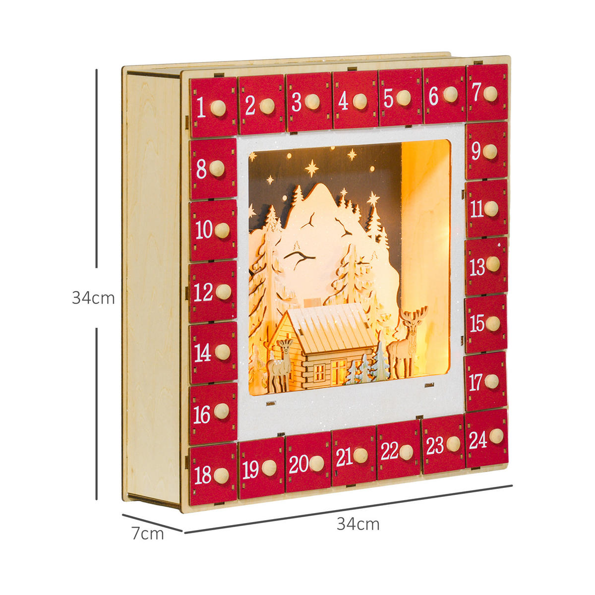 WEIHNACHTS-ADVENTSKALENDER - Rot, Holzwerkstoff (7/34/34cm) - HOMCOM
