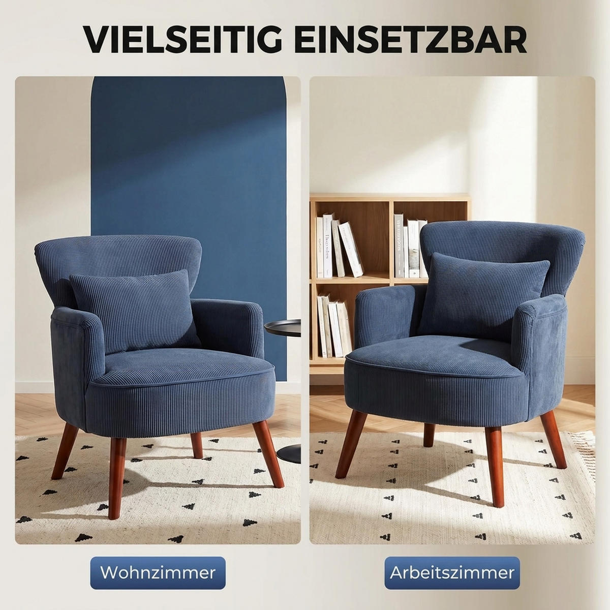 SESSEL Loungesessel mit Armlehnen, Relaxsessel mit Kissen Cordoptik Blau - Blau/Braun, Textil (69/78/69.5cm) - HOMCOM