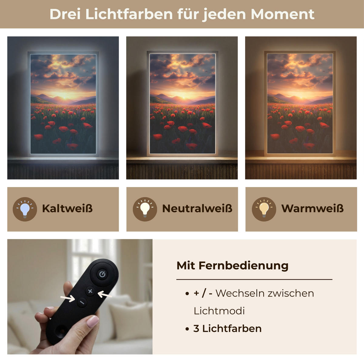 WANDLEUCHTE MIT AKKU Landschaft - Sonnenuntergang - Blumenfeld 40x60 cm - Rot, Holzwerkstoff (40/60/8cm) - OnlyWow