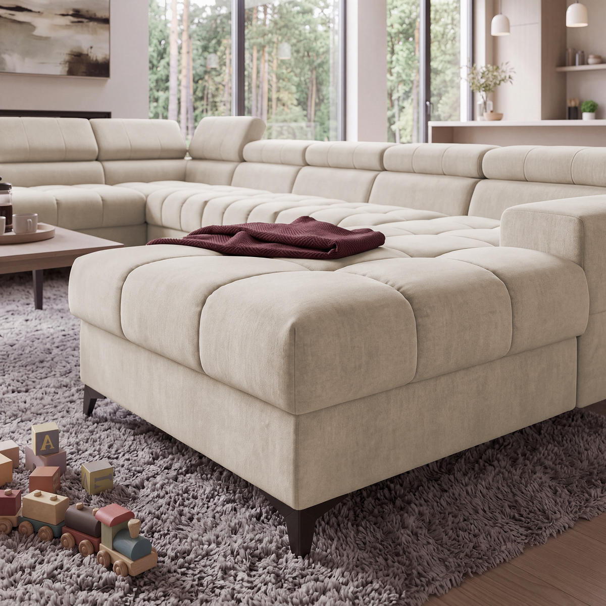 ECKSOFA PUDDING MAXI U Links mit Schlaffunktion 125x330 Velours Creme - Creme/Schwarz, Holz/Textil (203/421cm) - Muffo