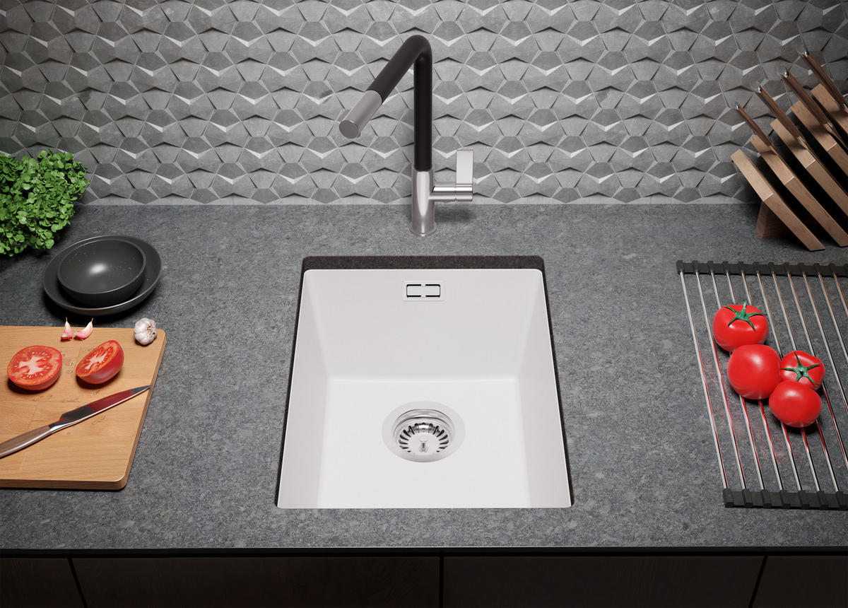 UNTERBAUSPÜLE GRANIT London, 2-er set Alles Weiß 36/47 cm 1 Becken + Ablauf-Set ab 40er Unterschrank - Weiß, Kunststoff (36/20/47cm) - Primagran