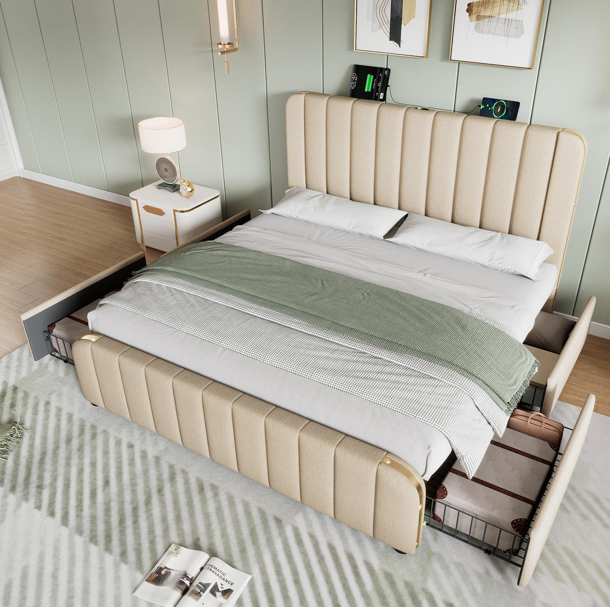 POLSTERBETT 180/200 cm Beige aus Leinen mit 4 Schubladen - Beige, Textil (180/200cm) - OKMYHOME