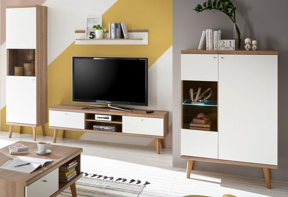 WOHNWAND weiß Eiche Riviera, Schrankwand skandinavisch 4-teilig 320 x 197 cm - Eichefarben/Weiß, Holzwerkstoff/Metall (320/197/40cm)