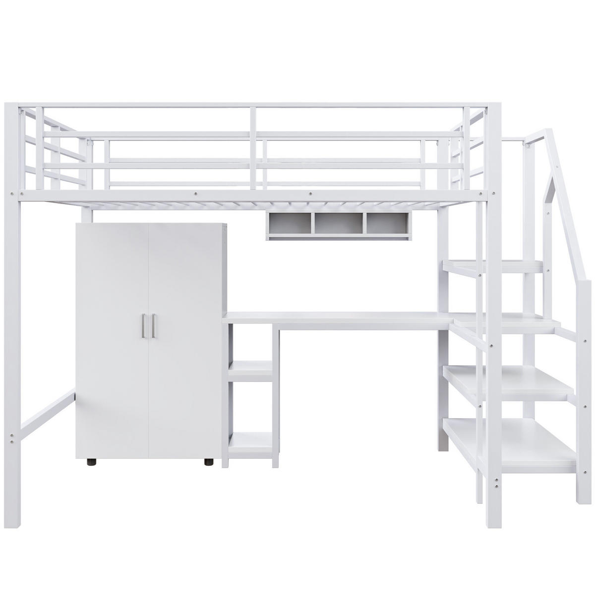 HOCHBETT aus Metall und MDF 140x200 cm Weiß mit Kleiderschrank, Regalen und Schreibtisch - Weiß, Metall (140/200cm) - IVMEU
