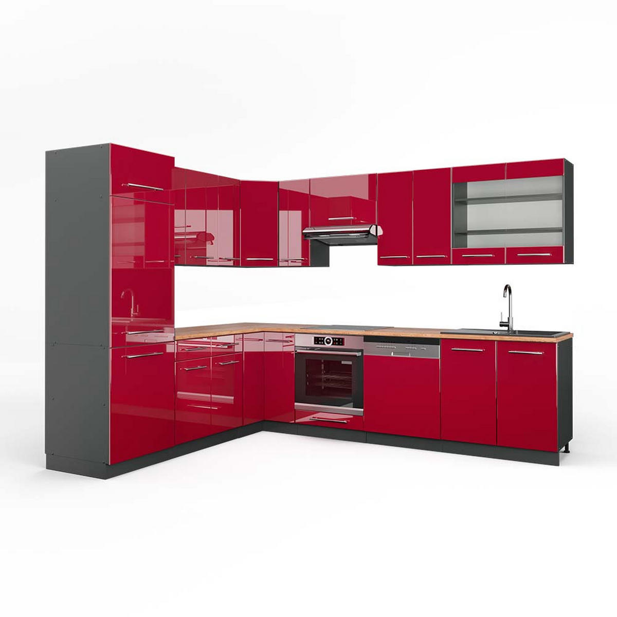 ECKKÜCHE Fame-Line Bordeaux Hochglanz/Anthrazit 227 x 287 cm AP Eiche - Bordeaux/Anthrazit, Holzwerkstoff (287/81.6/60cm) - Vicco