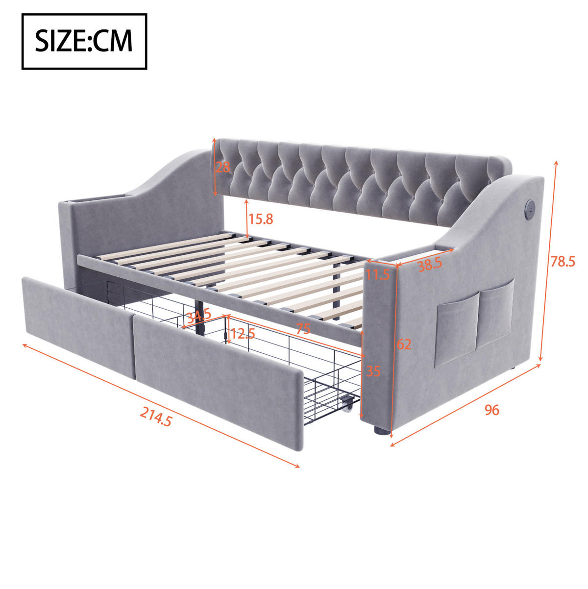 ČALOUNĚNÁ postel 90/190 cm světle šedá ze sametu s USB portem a úložnými zásuvkami - světle šedá, textil (90/190cm) - OKWISH