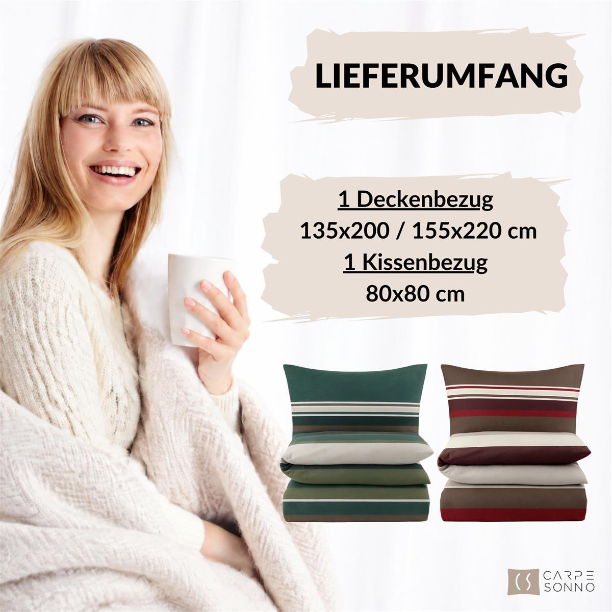 BIBER-BETTWÄSCHE 135x200 - Kuschelig warmer Flanell Bettbezug aus 100% Baumwolle für Herbst & Winter - Streifen Muster Rot - Rot, Textil (135/200cm) - Carpe Sonno