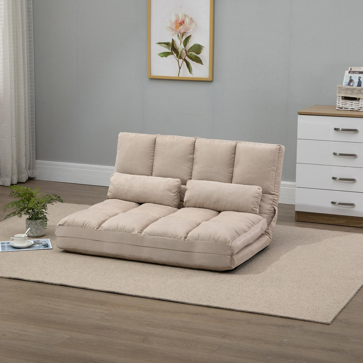 BODENSTUHL 2-in-1 Bodensessel Bett mit Rückenlehne 3 Positionen Verstellbar - Beige, Textil/Metall (73/60/102cm) - HOMCOM