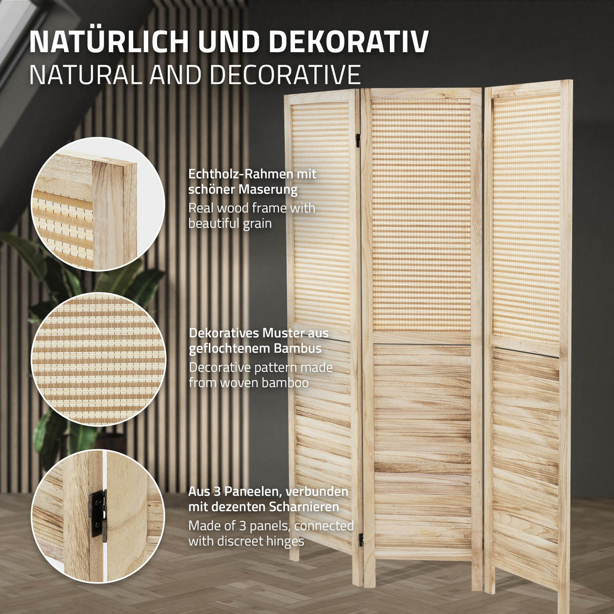 PARAVENT 3 teilig Osaka 170x121 cm Natur aus Holz - Braun, Holz (121/170/2cm) - ML-DESIGN