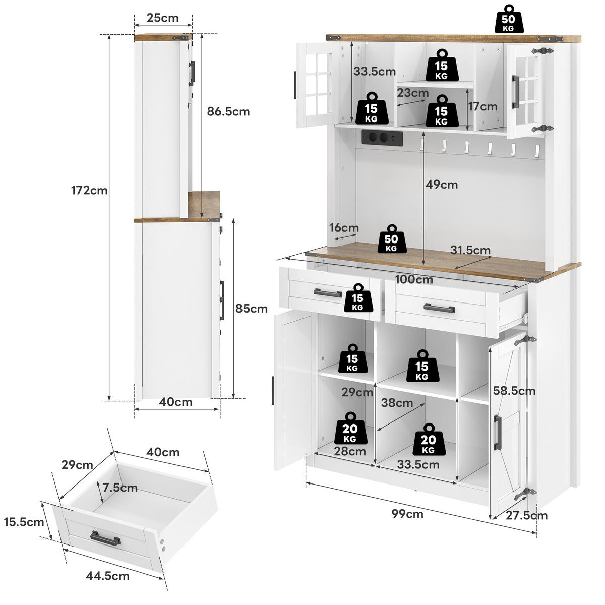 HIGHBOARD Barschrank & Küchenbuffet 100 cm in Weiß/Eiche - Weiß, Holzwerkstoff (100/172/40cm) - Urban Meuble