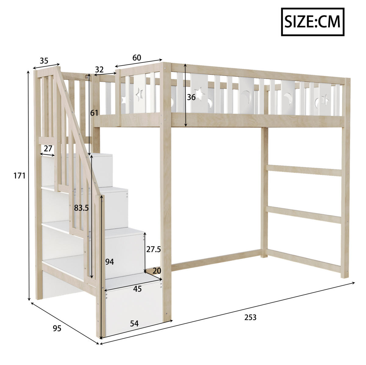 HOCHBETT 90/200 cm, Weiß/Holzfarbe aus Massivholz mit Stauraum - Weiß, Holz (90/200cm) - MIVRAY