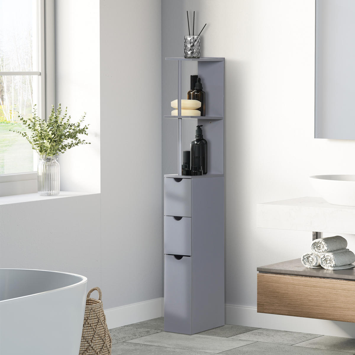 HOCHSCHRANK DE-12506 15/33/137 cm Grau - Grau, Holzwerkstoff (15/136.8/33cm) - ComfortXL