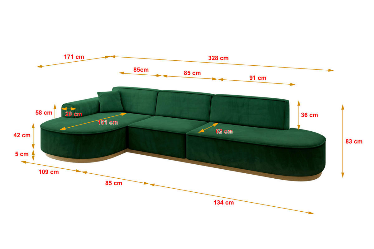ECKSOFA Ottomane Links MARI-L2-v2 - 328x171x83 cm Dunkelgrün Velours - Dunkelgrün, Holzwerkstoff/Textil (328/171cm) - ALTDECOR
