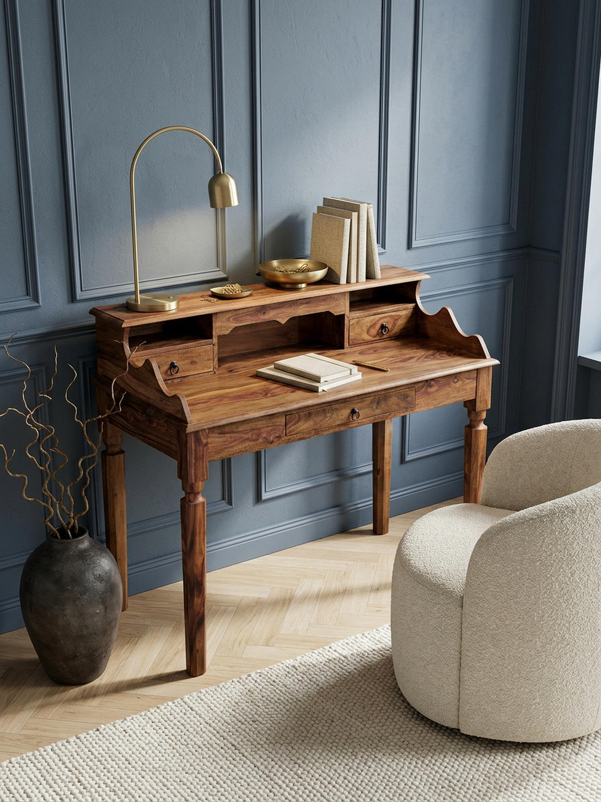 SCHREIBTISCH – Massivholz, 115 cm, Landhausstil, 3 Schubladen, Vintage-Optik - Braun, Holz (60/115/100cm) - KADIMA DESIGN