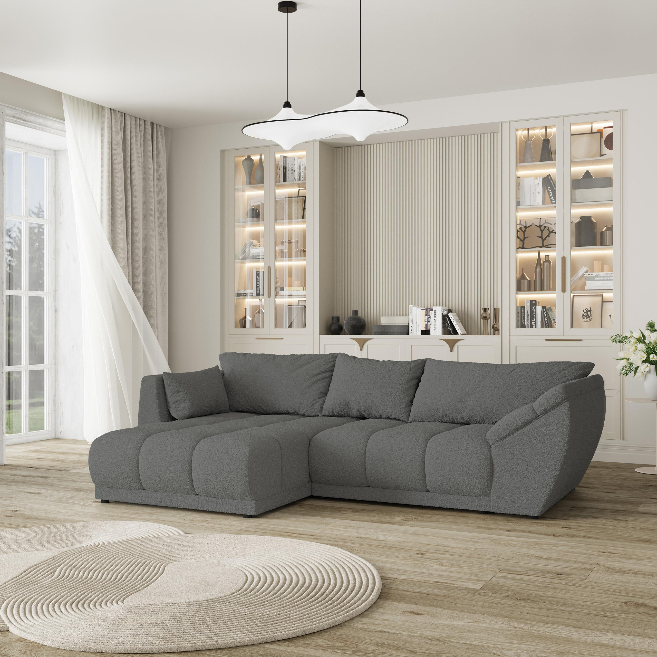 ECKSOFA ORENTI L-S Grau Boucle-Stoff mit Schlaffunktion - Grau, Holz (287/182cm) - MASSENO