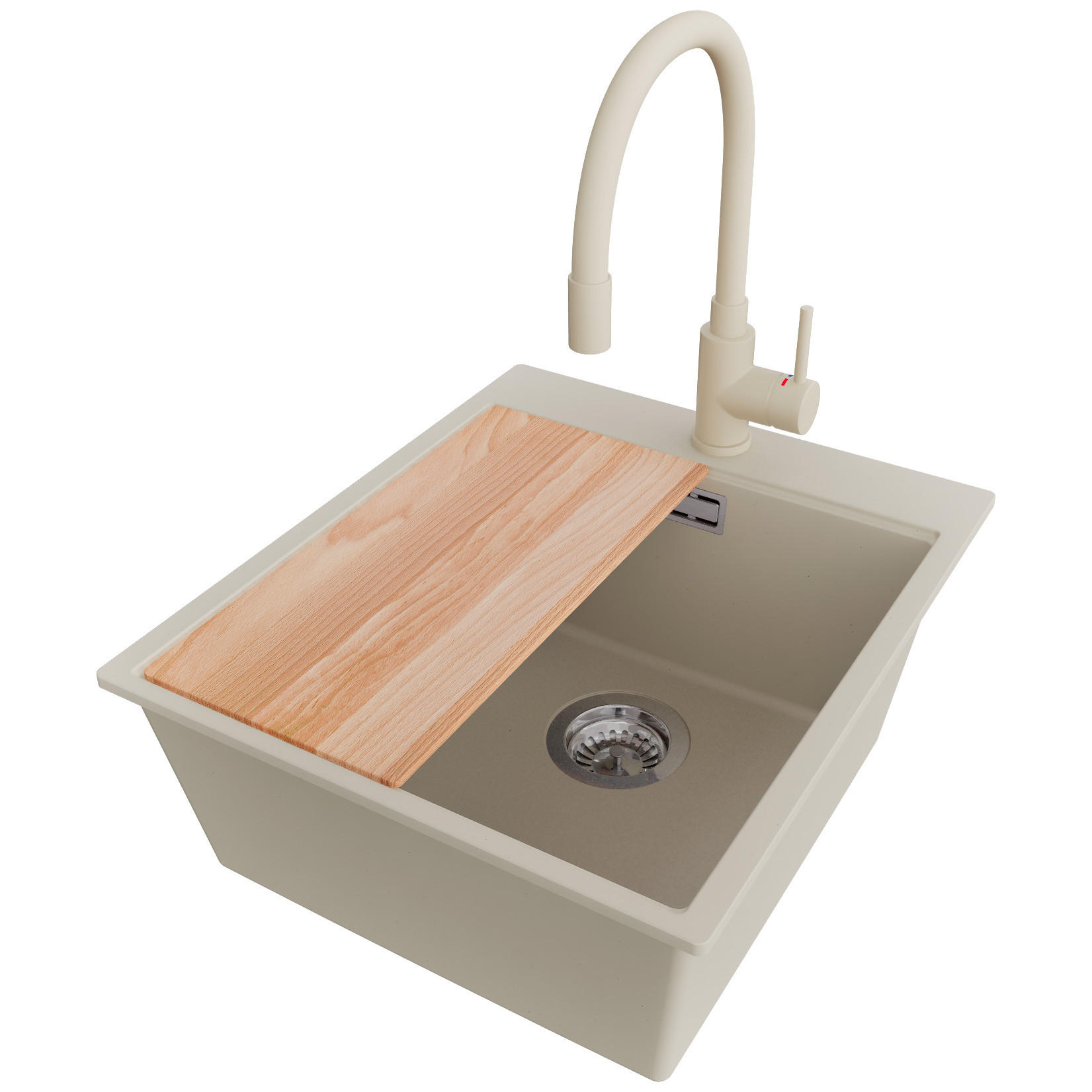 GRANITSPÜLE Oslo, 2-er set Beige 43/50 cm 1 Becken + Küchenarmatur 38/14 cm + Ablauf-Set + Schneidebrett ab 45er Unterschrank - Chromfarben/Beige, Kunststoff (43/20/50cm) - Primagran