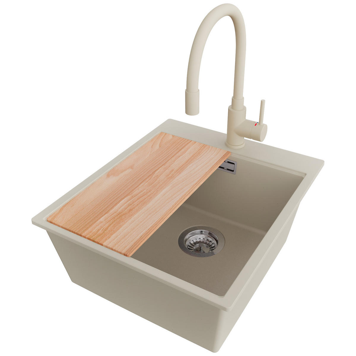 GRANITSPÜLE Oslo, 2-er set Beige 43/50 cm 1 Becken + Küchenarmatur 38/14 cm + Ablauf-Set + Schneidebrett ab 45er Unterschrank - Chromfarben/Beige, Kunststoff (43/20/50cm) - Primagran