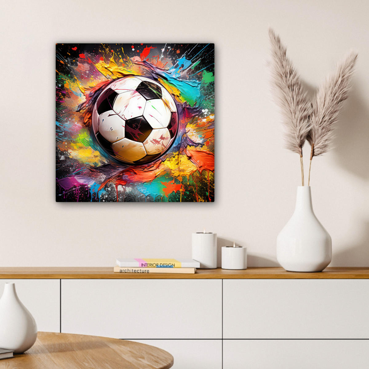LEINWANDBILD Fußball - Farbe - Farben - Schwarz - Weiß Wandbild Wohnzimmer 50x50 cm - Weiß, Textil (50/50cm) - MuchoWow