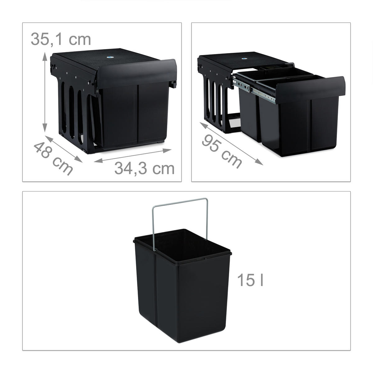 EINBAUMÜLLEIMER 2x15 L - Schwarz, Kunststoff/Metall (34.3/35.1/48cm) - Relaxdays