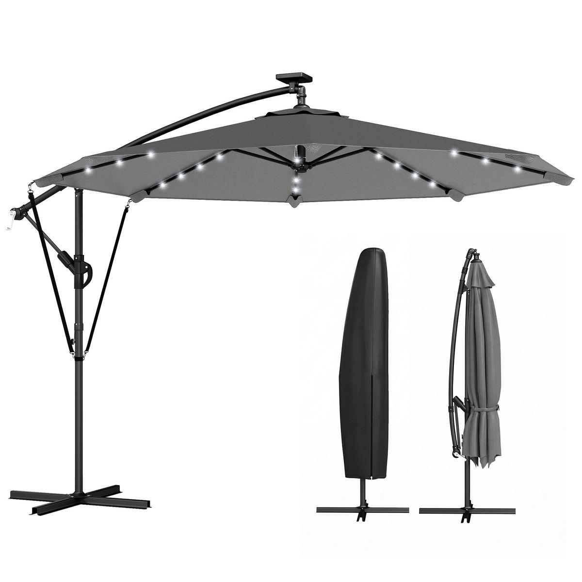 AMPELSCHIRM Ø295 cm DE-11587 mit Solar-LED & UV50+ Grau - Dunkelgrau, Metall (295/330cm) - ComfortXL