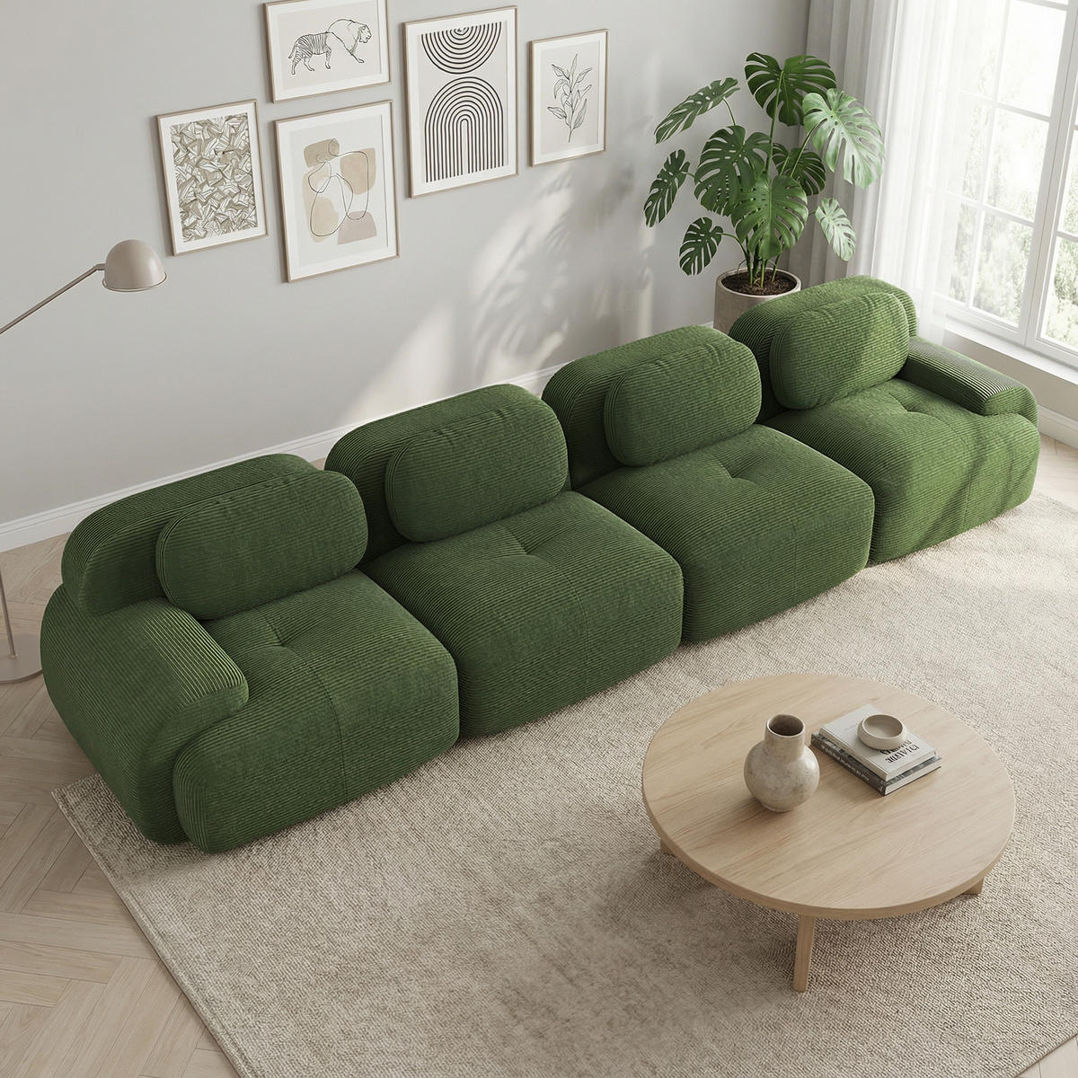 4-SITZER-SOFA in Premium-Cord Grün Montagefrei & Rutschfest - Grün, Textil (388/75/103cm) - Urban Meuble