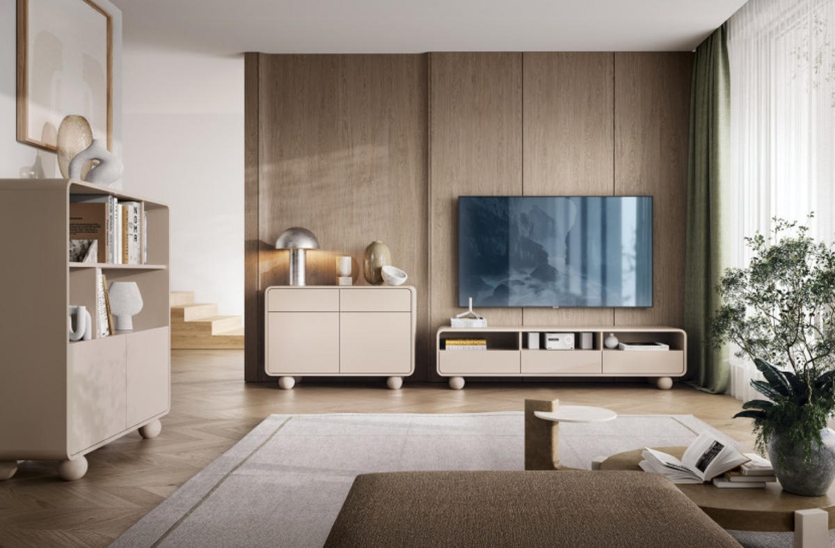 TV-SCHRANK Kaschmir ALBI Auf Runden Beinen 180 cm - Ecru, Holzwerkstoff (180/44/39cm) - Sepro Meble