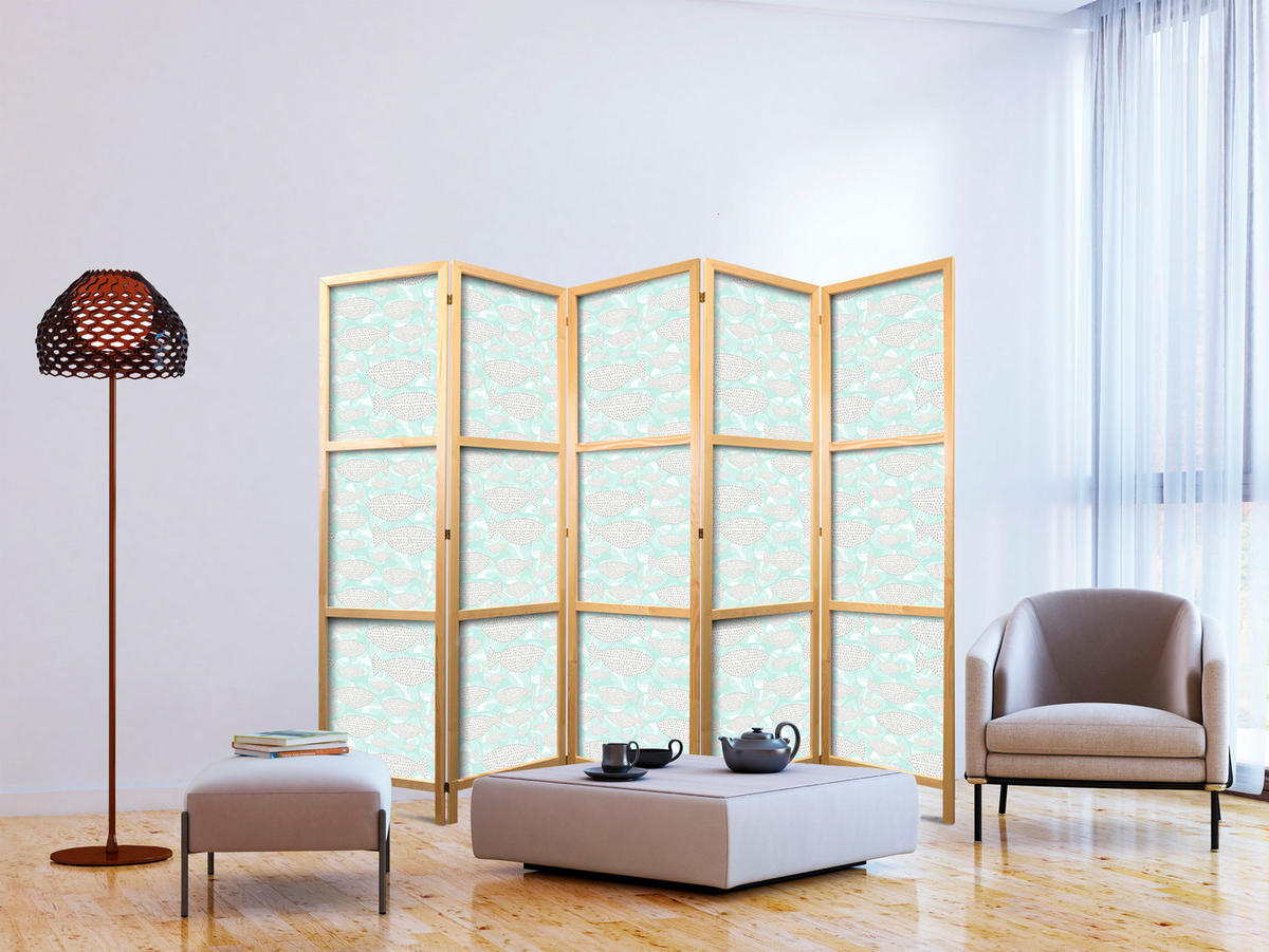PARAVENT Japanischer 5-tlg 225x172 cm Gepunktete Fische - Grün, Holz/Textil (225/172/3cm) - Muralo
