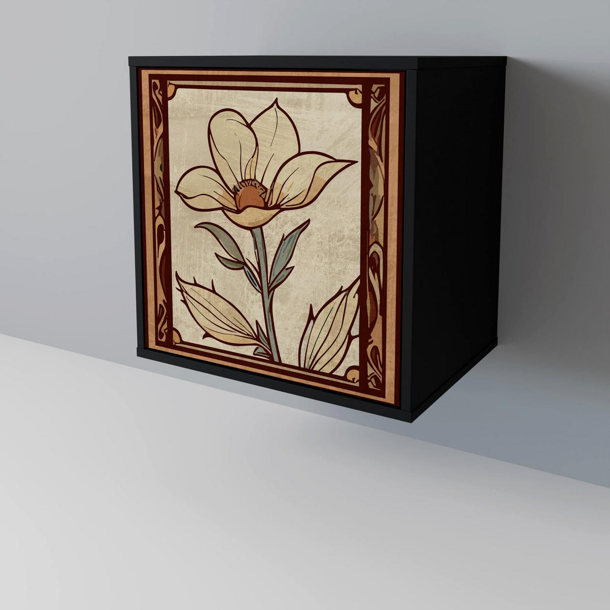 SIDEBOARD TIMELESS FLORA, Schwarz, 57,5x42x70,5 cm, Schwarze Metall-Sternfüße - Multicolor/Schwarz, Holzwerkstoff/Metall (57.5/70.5/42cm) - SpaceRebels