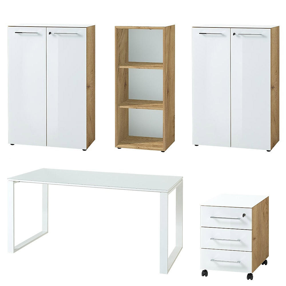 BÜRO-SET MUENCHEN 5-teilig | Glasfront Abschließbar | Schreibtisch, Container, 2 Schränke, Regal | Chalet-Eiche-Nb./Weiß - Weiß, Holzwerkstoff/Metall (415/120/80cm) - KADIMA DESIGN