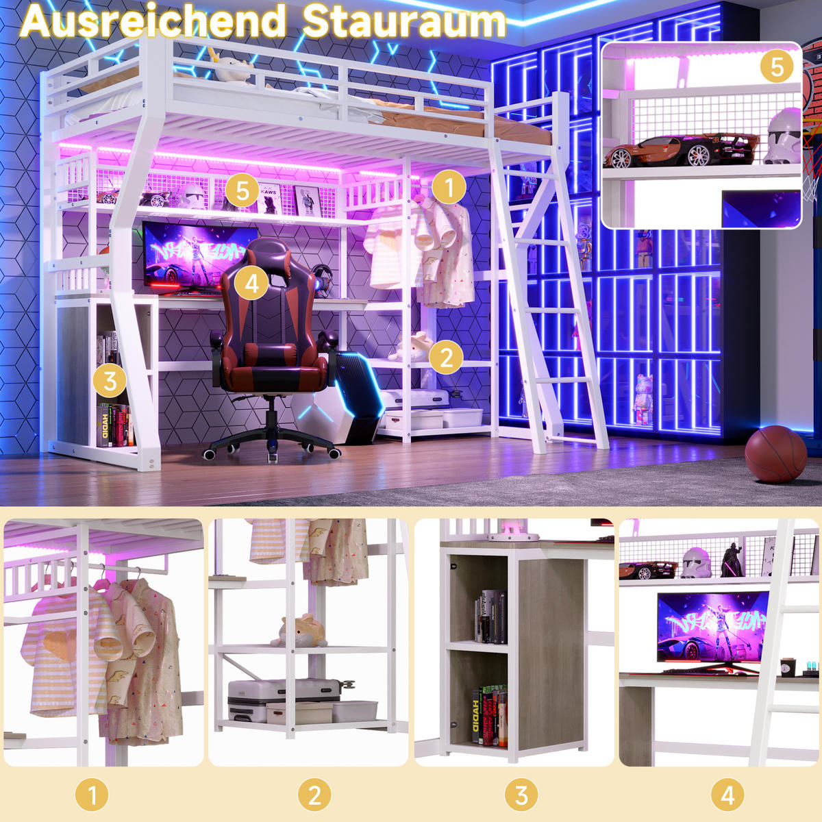 HOCHBETT 90/200 cm Weiß mit Lichtleiste und Steckdose - Weiß, Metall (90/200cm) - MIVRAY