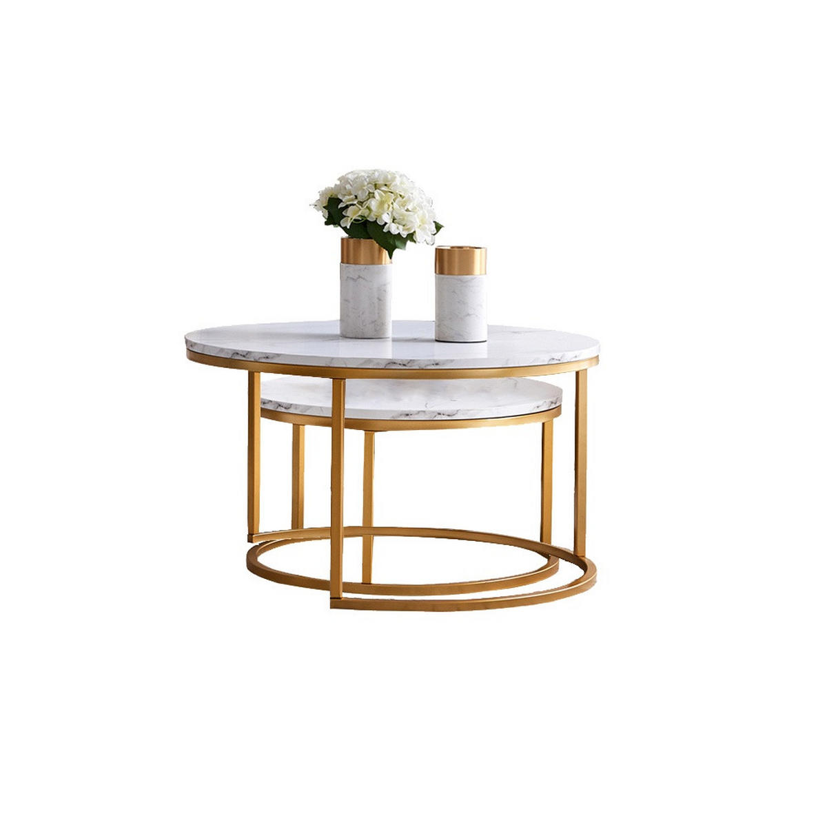 COUCHTISCH 2er-Set - Runder Beistelltisch in Marmoroptik Weiß mit Metallgestell - Gold - Goldfarben, Holzwerkstoff (80/80/45cm) - DELFA