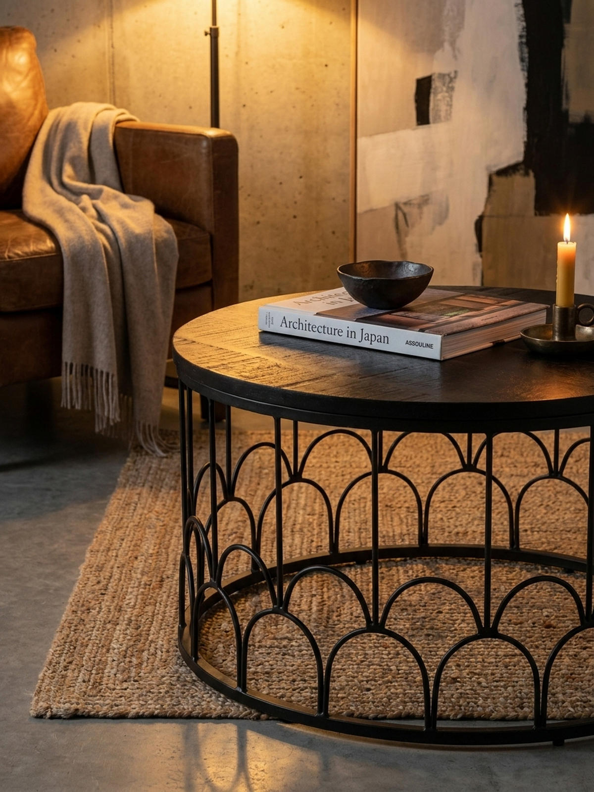 COUCHTISCH Rund in Schwarz aus Mango Massivholz mit Metallgestell, 60x60x36cm, Industrial Design - Schwarz, Holz/Metall (60/60/36cm) - KADIMA DESIGN