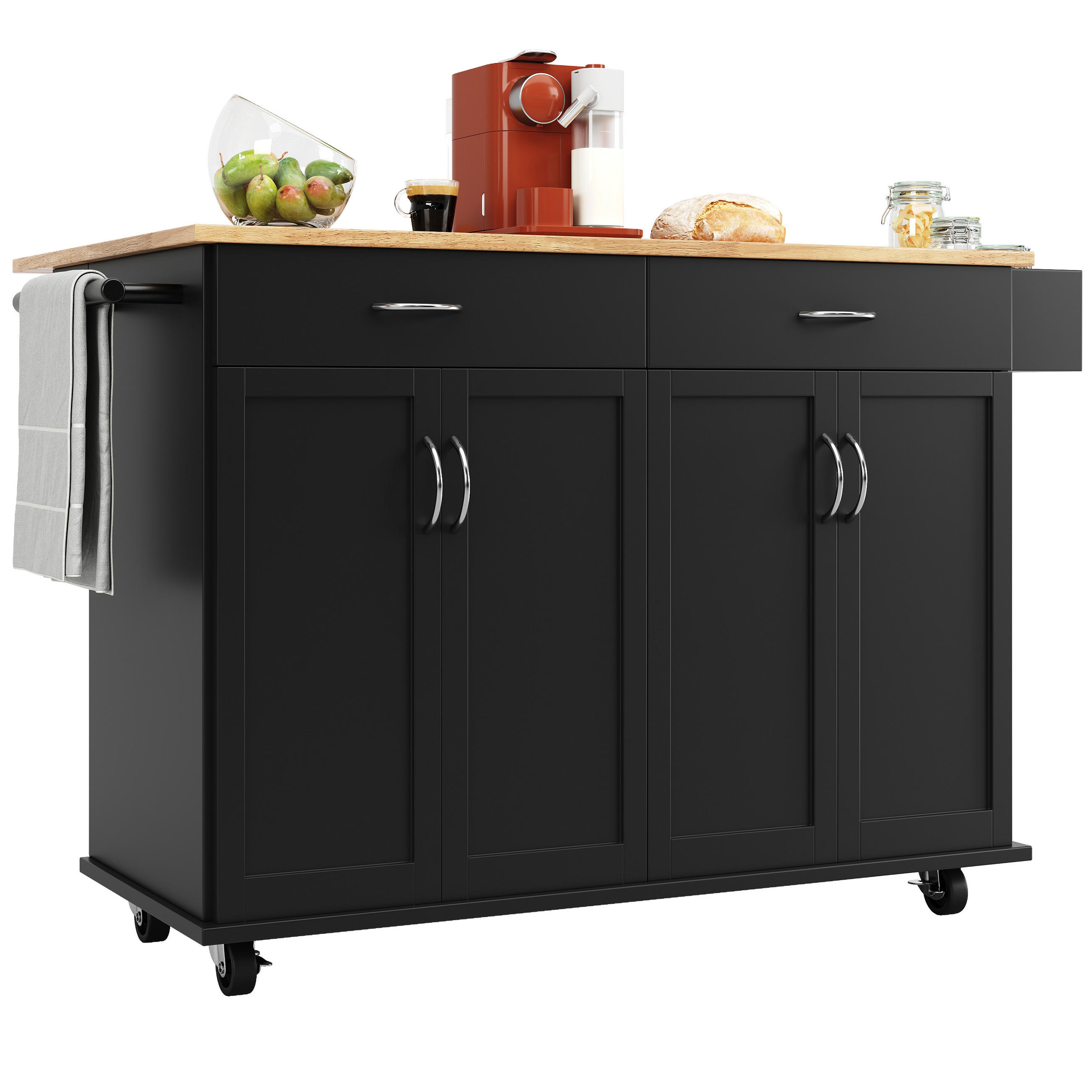 KÜCHENINSEL in Schwarz und Naturfarben Servierwagen mit Schubladen für Küche und Esszimmer, B106/T50/H90.5 cm - Schwarz, Holzwerkstoff/Metall (106/90.5/50cm) - STILVORA