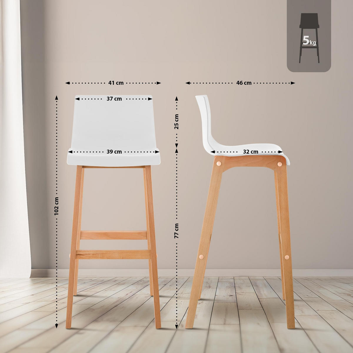 BARHOCKER Hover Massivholz 102x41x46 cm weiß - Weiß, Holz (41/102/46cm) - furnicato