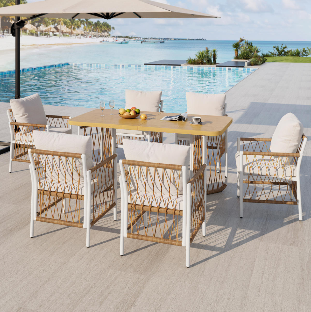 GARTENMÖBEL-SET mit Tisch 159,5 cm Eisen/Rattan 7-tlg. - Beige, Metall - Beauniv