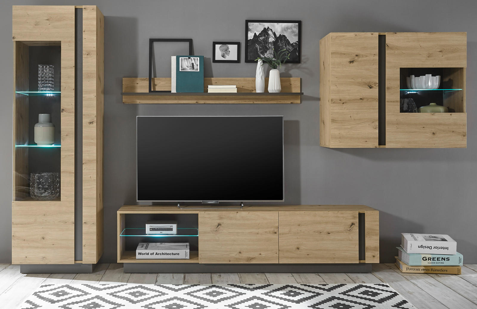 WOHNWAND Eiche Artisan, Graphit grau 4-teilig 315 cm, Schrankwand mit Soft-Close - Eiche Artisan/Grau, Glas/Holz (315/194/40cm) - Furn.Design