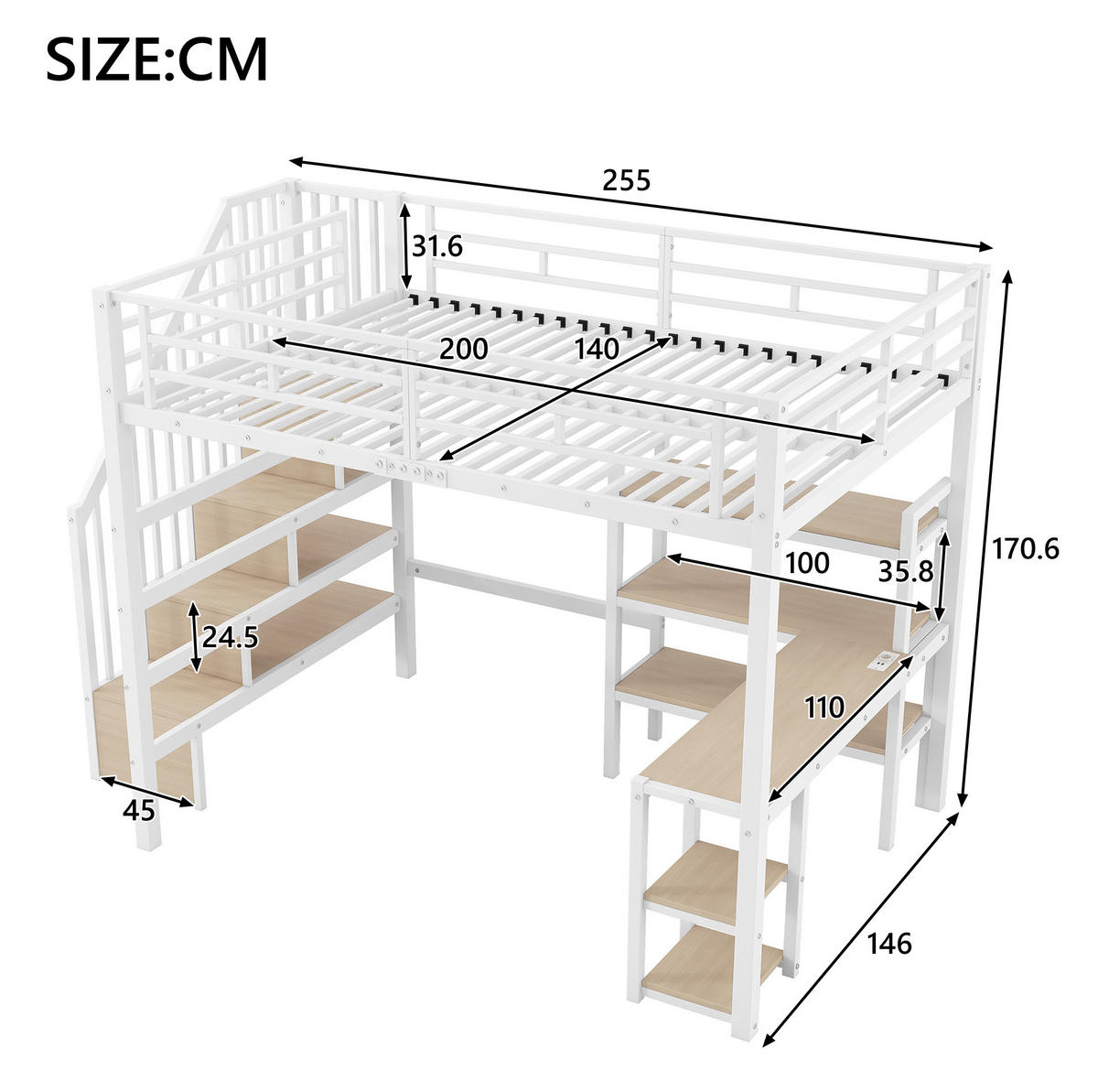 HOCHBETT 140/200 cm weiß aus Metall und MDF mit Schreibtisch und LED - Weiß, Metall (140/200cm) - OKWISH