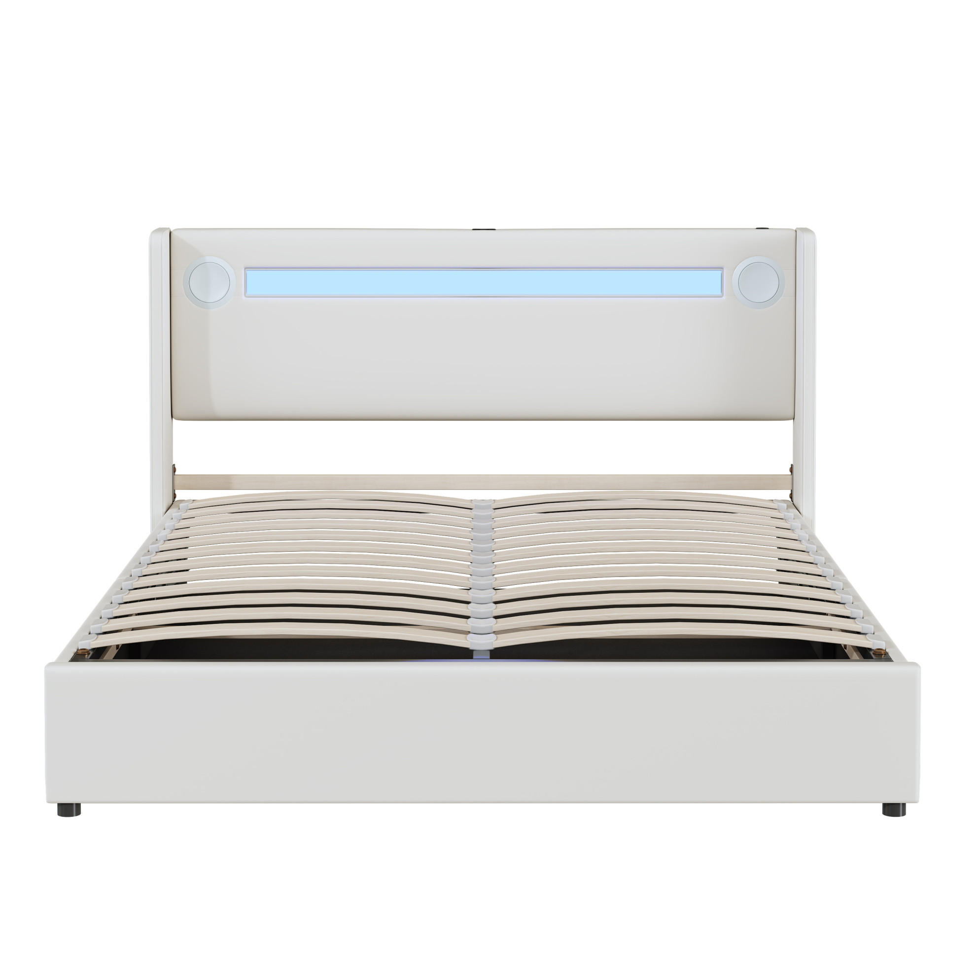 POLSTERBETT aus PU-Leder 160x200 cm Weiß mit LED, Bluetooth, USB und hydraulischem Bettkasten - Weiß, Kunststoff (160/200cm) - Modfu