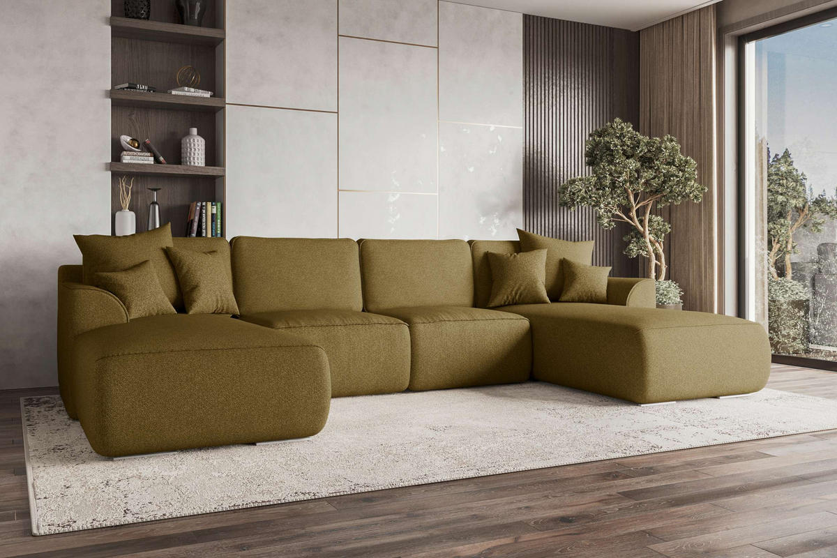 WOHNLANDSCHAFT Gusto Strukturstoff Olivgrün inkl. Schlaffunktion - Chromfarben/Olivgrün, Kunststoff/Textil (306/96/194cm) - 99rooms