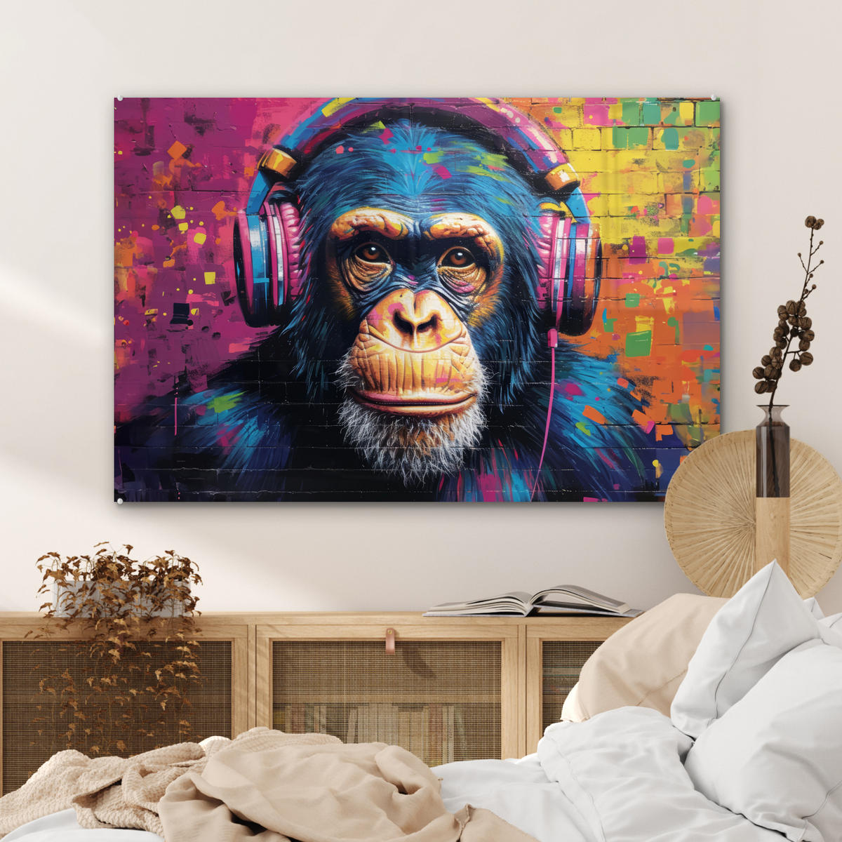 ACRYLGLASBILD Graffiti - Schimpanse - Straßenkunst - Kopfhörer - Affe 90x60 cm - Blau, Glas (90/60cm) - MuchoWow