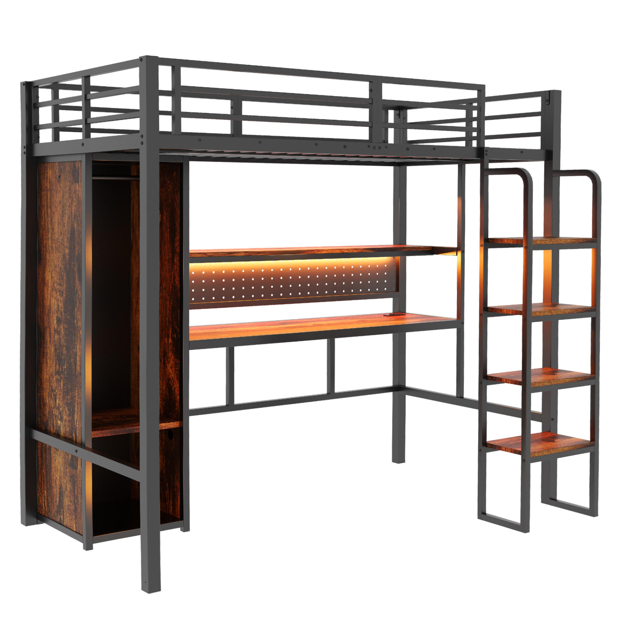 HOCHBETT 90/200 cm DE-01505, in Schwarz, mit Schreibtisch, LED-Lichtleiste und Kleiderschrank - Schwarz, Metall (90/200cm) - ComfortXL