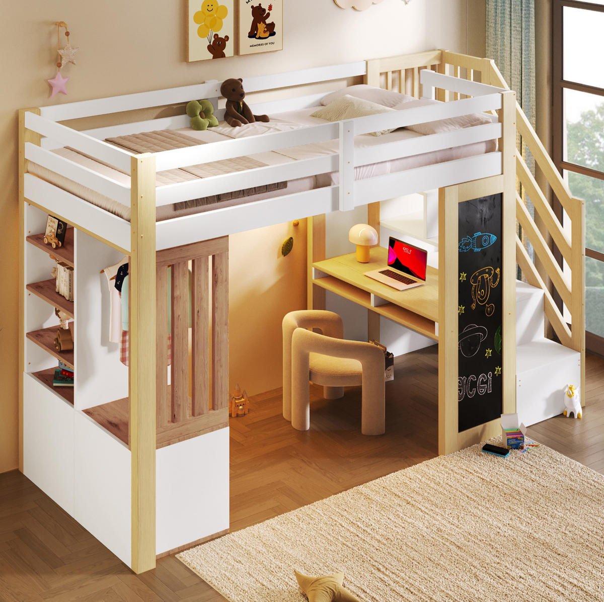 HOCHBETT 90/200 cm Weiß/Natur mit LED und Lattenrost - Weiß, Holz (90/200cm) - MIVRAY