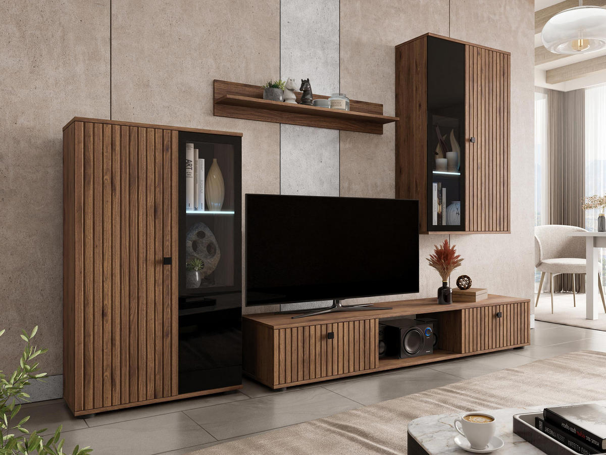 WOHNWAND Salsa II mit blauer LED Beleuchtung - Nussbaumfarben/Schwarz, Holzwerkstoff/Kunststoff (235/180/41cm) - MIRJAN24