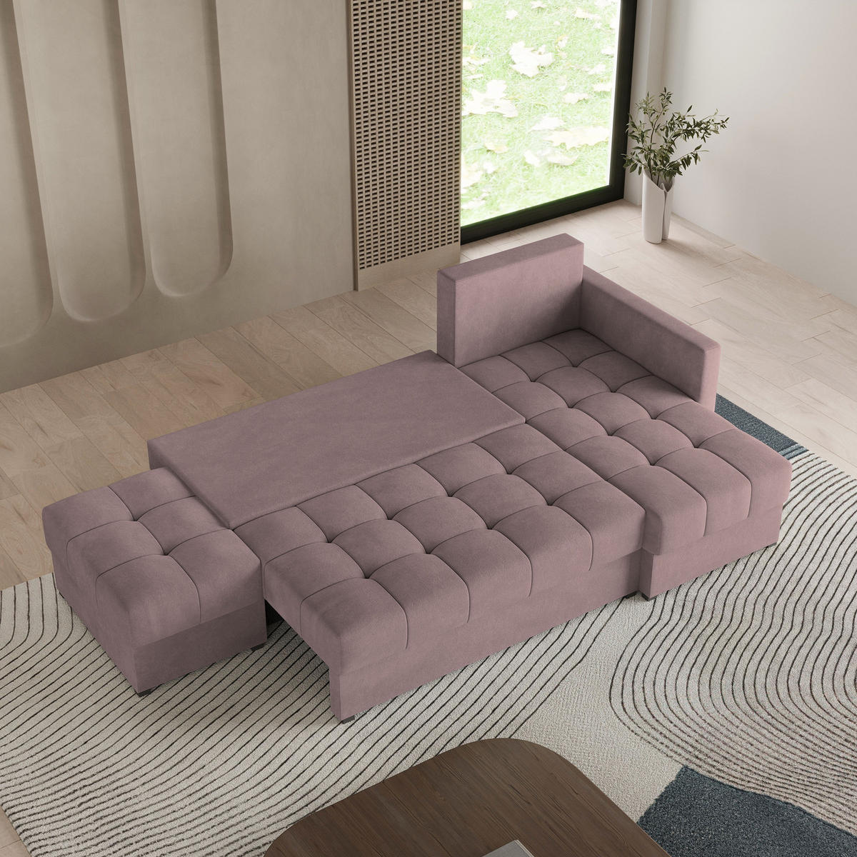 ECKSOFA LUMARI R-S Rosa Plüsch-Stoff mit Schlaffunktion - Rosa, Holz (262/143cm) - MASSENO
