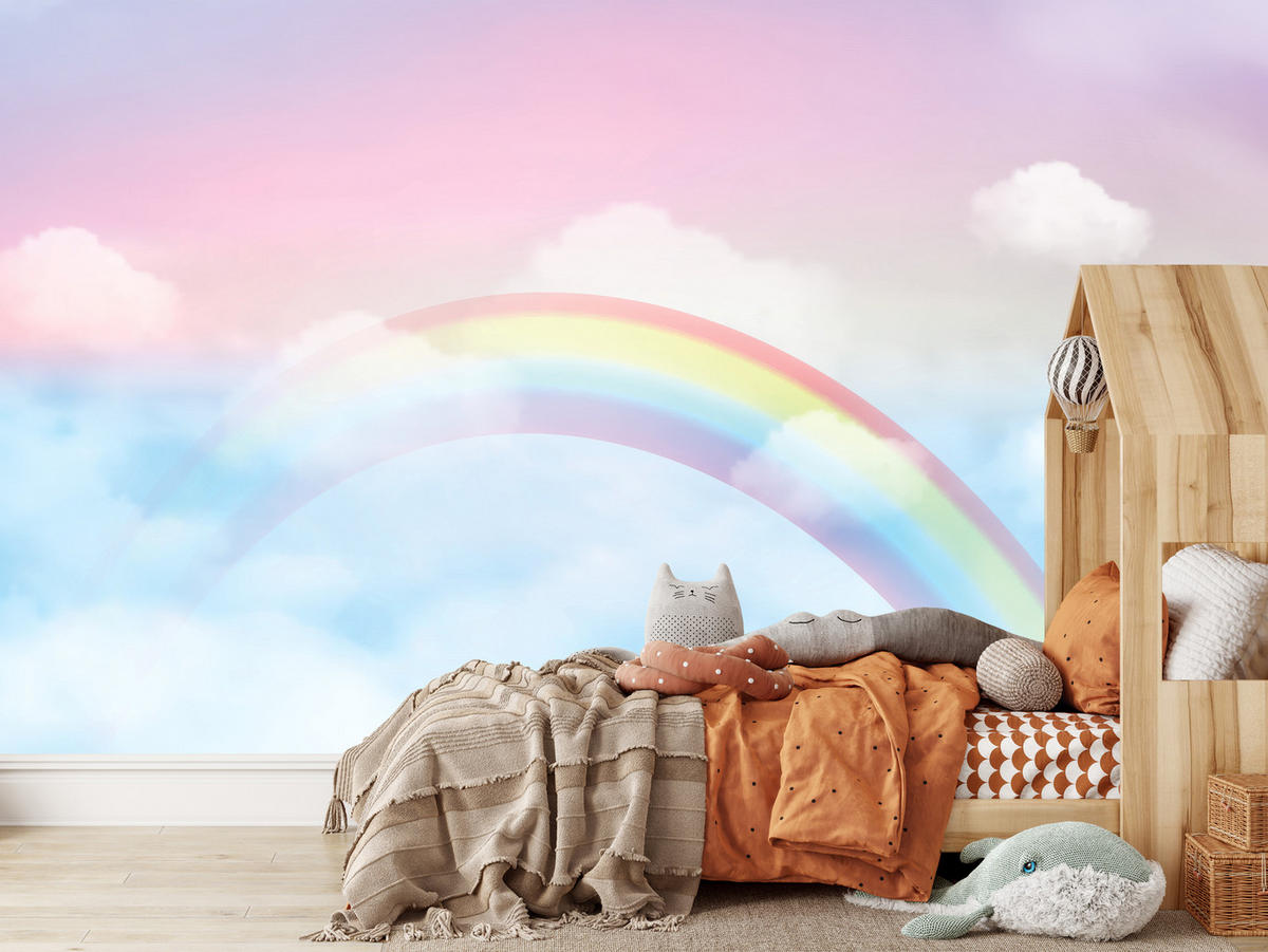 FOTOTAPETE für Schlafzimmer Regenbogen Rosa Himmel Wolken 500x350 - Blau/Gelb, Papier (500/350cm) - Muralo