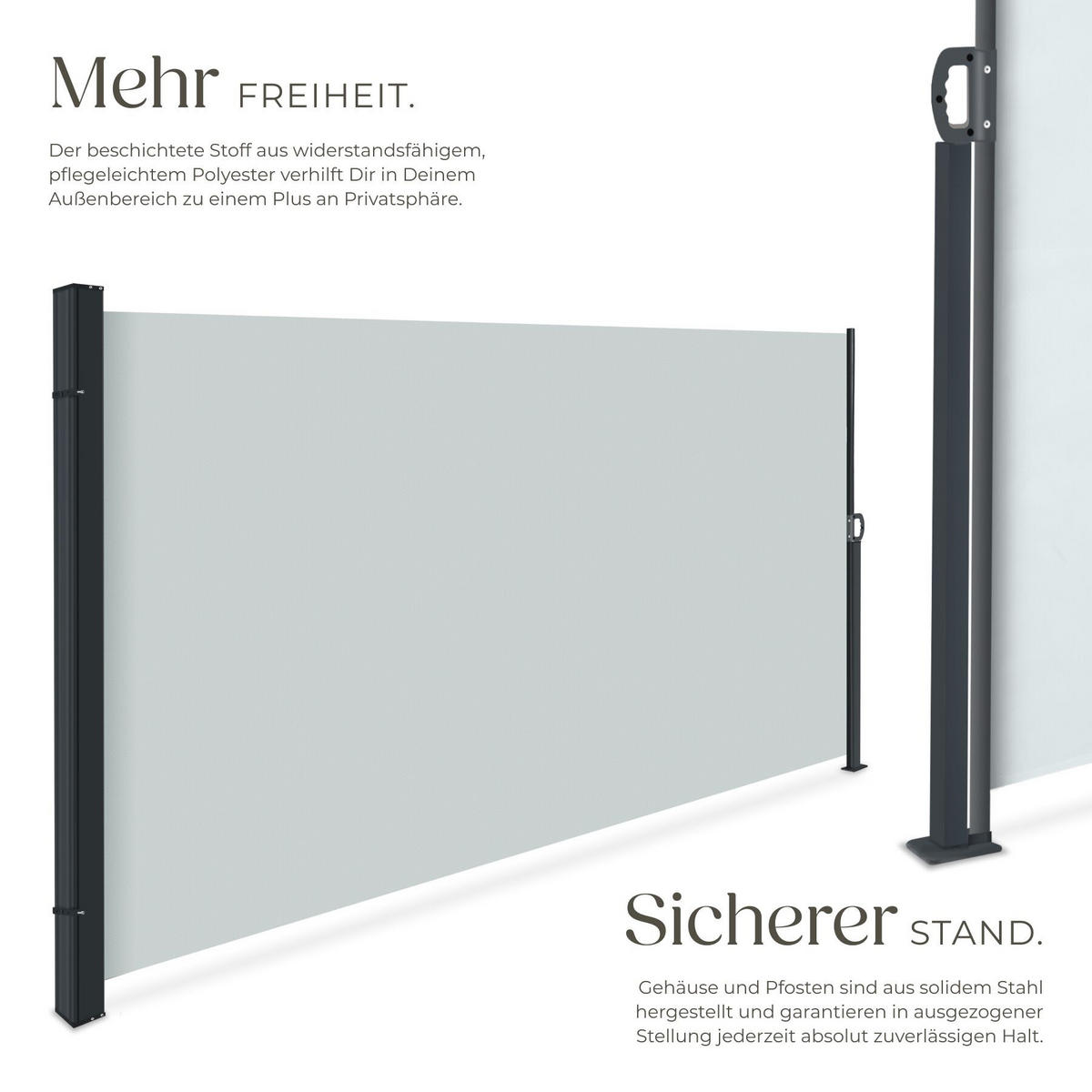SEITENMARKISE , ausziehbar, mit Aufrollmechanismus, grau - Grau, Kunststoff (300/160/9cm) - tectake