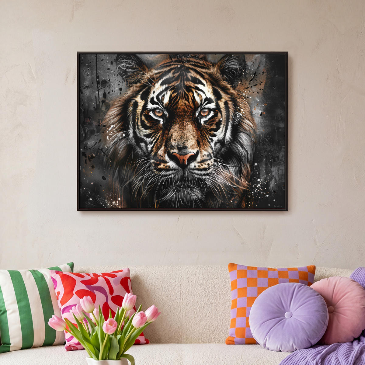 LEINWAND Bilder mit Rahmen - Tiger - Tiere - Porträt - Luxus - Schwarz - 70x50 - Braun, Textil (70/50cm) - MuchoWow