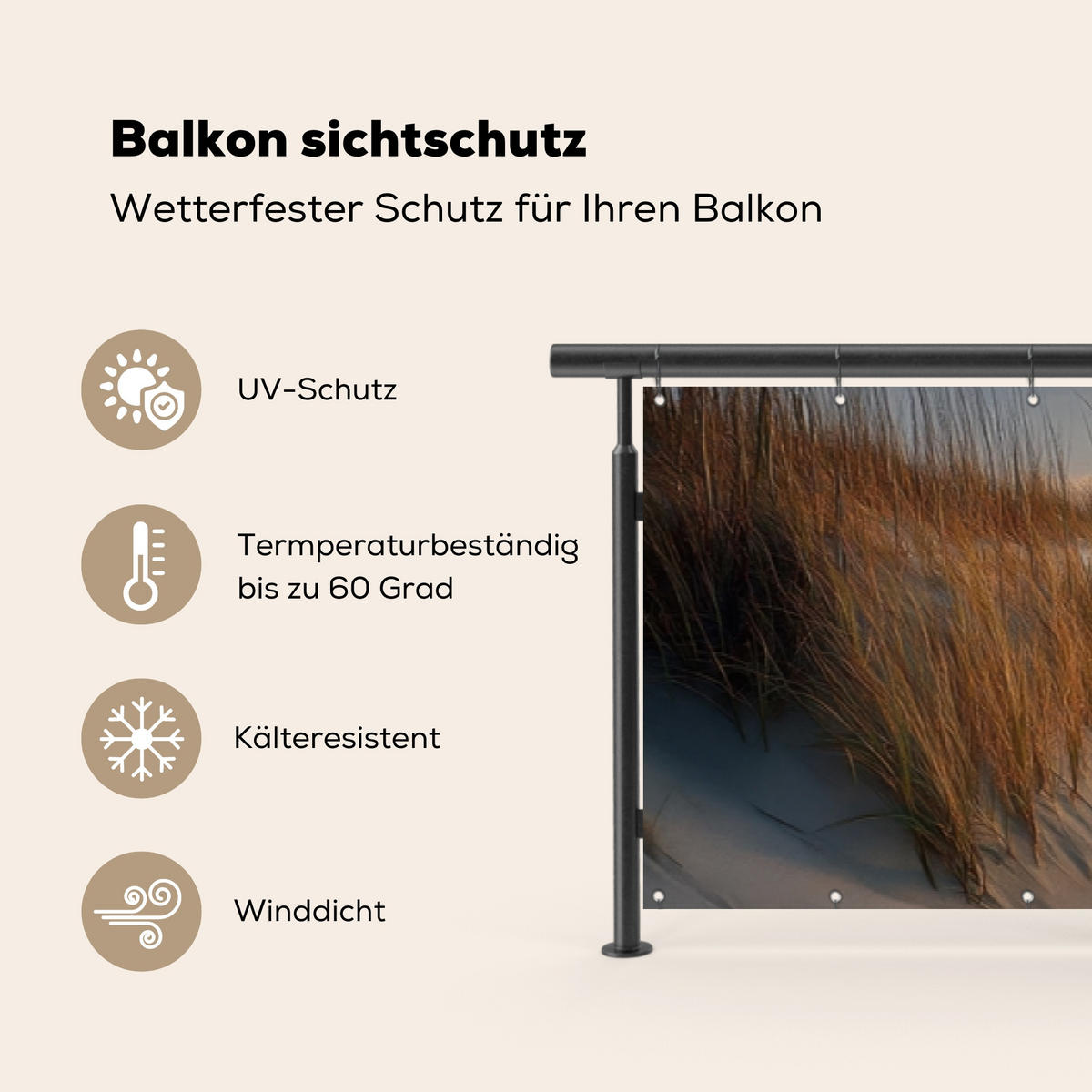 BALKON-SICHTSCHUTZ Strand - Dünen - Sonnenuntergang 500x90 cm - Sandfarben, Kunststoff (500/90cm) - MuchoWow